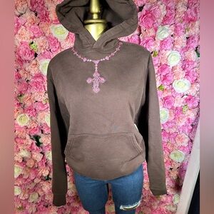 Brown Hoodie with Pink Cross Design